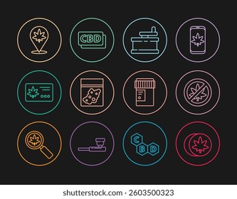 Set line Herbal ecstasy tablets, Stop marijuana or cannabis leaf, Manual grinder, Plastic bag of, Calendar and, Location, Medical bottle with and Cannabis molecule icon. Vector