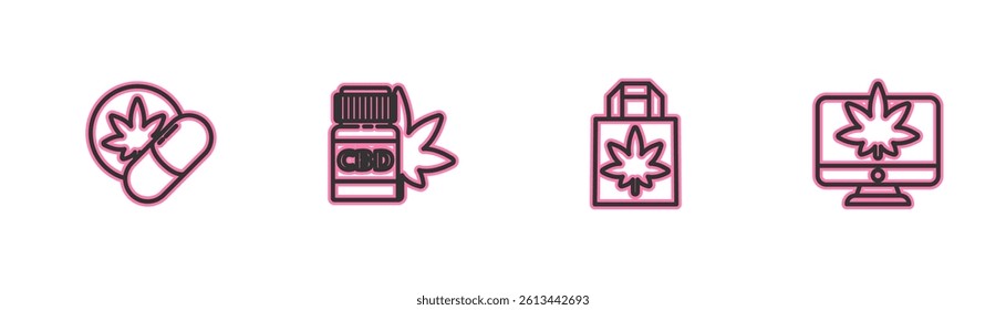Set line Herbal ecstasy tablets, Shopping paper bag of marijuana, Medical bottle with and Monitor and or cannabis icon. Vector