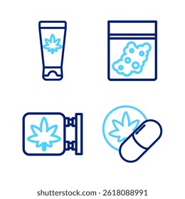 Set line Herbal ecstasy tablets, Marijuana and cannabis store, Plastic bag of and Medical cream with marijuana icon. Vector