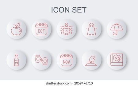 Set line Herbarium, Bottle of wine, Spider, Witch hat, Apple, October calendar autumn, Christmas mitten and November icon. Vector