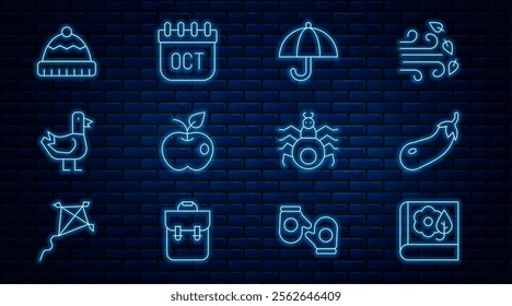 Set line Herbarium, Eggplant, Umbrella, Apple, Dove, Winter hat, Spider and October calendar autumn icon. Vector