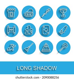 Set line Hermes sandal, Witches broom, Castle tower, Masons, Magic wand, Hand saw and Playing cards icon. Vector