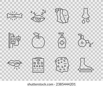 Set line Herpes lip, Flat foot, Toothache, Eye test chart, Bone pain, Apple, Psoriasis or eczema rash and Wheelchair icon. Vector