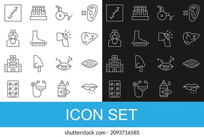 Set line Herpes lip, Reddish eye, Hepatitis virus, Wheelchair, Flat foot, Nurse, Scar with suture and Joint pain, knee pain icon. Vector