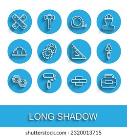 Set line Hexagonal metal nut, Paint roller brush, Crossed ruler, Bricks, Toolbox, Gear, Trowel and Triangular icon. Vector