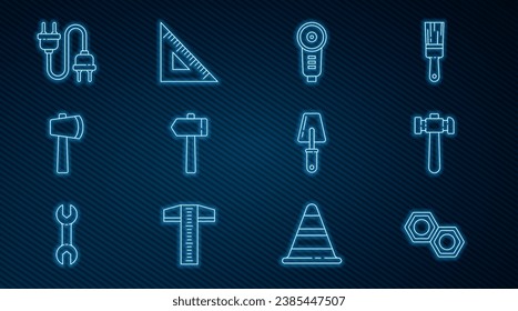 Set line Hexagonal metal nut, Hammer, Angle grinder, Wooden axe, Electric plug, Trowel and Triangular ruler icon. Vector