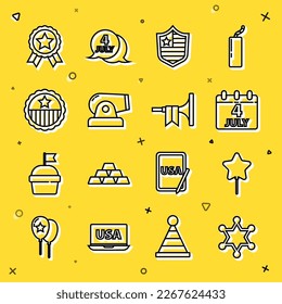Set line Hexagram sheriff, Balloon, Calendar with date July 4, Shield stars, Cannon, Medal,  and Trumpet icon. Vector