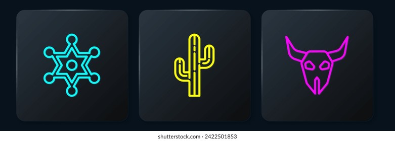 Set line Hexagram sheriff, Buffalo skull and Cactus. Black square button. Vector