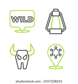 Set line Hexagram sheriff, Buffalo skull, Camping lantern and Pointer to wild west icon. Vector