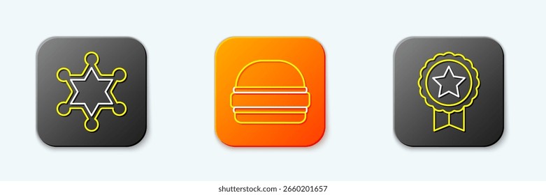 Set line Hexagram sheriff, Burger and Medal with star icon. Vector