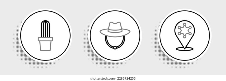 Set line Hexagram sheriff, Cactus peyote in pot and Western cowboy hat icon. Vector
