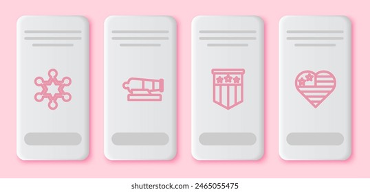 Set line Hexagram sheriff, Cannon, American flag and USA Independence day. White rectangle button. Vector
