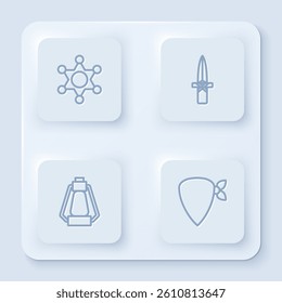 Set line Hexagram sheriff, Dagger, Camping lantern and Cowboy bandana. White square button. Vector
