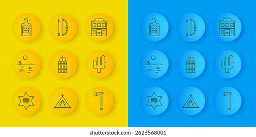 Set line Hexagram sheriff, Desert landscape with cactus, Detonate dynamite bomb stick, Tomahawk axe, Cactus, Whiskey bottle, Wild west saloon and Bow arrow in quiver icon. Vector