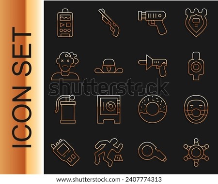 Set line Hexagram sheriff, Doctor pathologist, Human target sport for shooting, Police electric shocker, Sheriff hat with badge, Murder, Dictaphone and megaphone icon. Vector