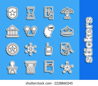 Set line Hexagram sheriff, Document with search, Police cap cockade, Oath on the Holy Bible, Handcuffs, Courthouse building, badge and Head law icon. Vector
