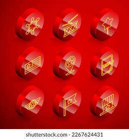 Set line Hexagram sheriff, Drum and drum sticks, Balloon, American flag, USA Independence day, graphic tablet, Star military and  icon. Vector