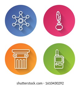 Set line Hexagram sheriff, Feather and inkwell, Law pillar and Walkie talkie. Color circle button. Vector
