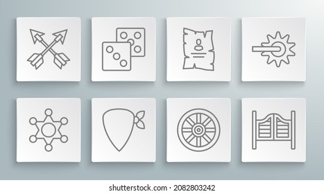 Set line Hexagram sheriff, Game dice, Cowboy bandana, Old wooden wheel, Saloon door, Wanted western poster, Spur and Crossed arrows icon. Vector