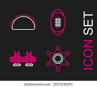 Set line Hexagram sheriff, Golden gate bridge, American Football ball and Taco with tortilla icon. Vector