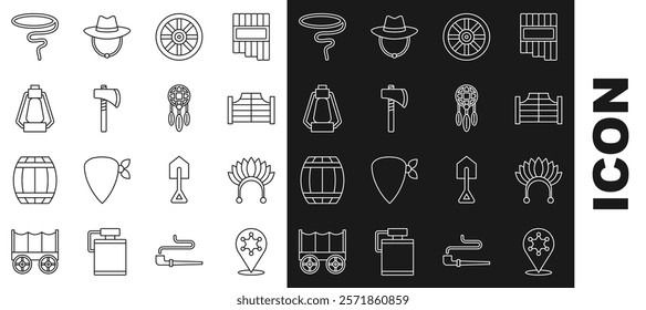 Set line Hexagram sheriff, Indian headdress with feathers, Saloon door, Old wooden wheel, Tomahawk axe, Camping lantern, Lasso and Dream catcher icon. Vector