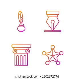 Set line Hexagram sheriff, Law pillar, Feather and inkwell and Fountain pen nib. Gradient color icons. Vector