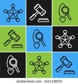 Set line Hexagram sheriff, Magnifying glass with footsteps and Judge gavel icon. Vector