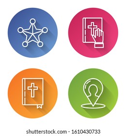 Set line Hexagram sheriff, Oath on the Holy Bible, Holy bible book and Map marker with a silhouette of a person. Color circle button. Vector