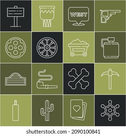 Set line Hexagram sheriff, Pickaxe, Canteen water bottle, Pointer to wild west, Old wooden wheel, Revolver cylinder, Road traffic signpost and Coal mine trolley icon. Vector