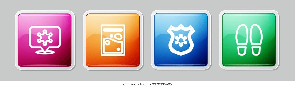 Set line Hexagram sheriff, Plastic bag of drug, Police badge and Footsteps. Colorful square button. Vector