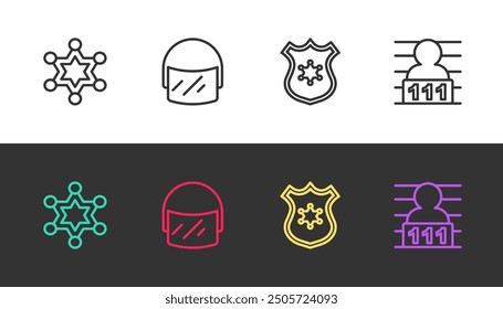 Set line Hexagram sheriff, Police helmet, badge and Suspect criminal on black and white. Vector