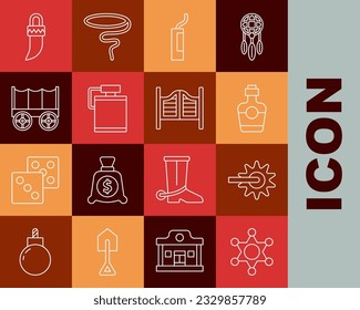 Fijar la línea Hexagram sheriff, Spur, botella Tequila, bomba dinamita, agua Canteen, vagón cubierto Wild West, ícono de la puerta Tooth and Saloon. Vector