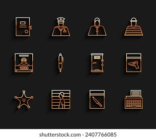Die Linie Hexagram Sheriff, Verdächtiger Verbrecher, Anzugpapier, Beweistasche und Messer, Retro Schreibmaschine, Pen, Pistole oder Pistole und Gefängnis Zellentor Ikone. Vektorgrafik
