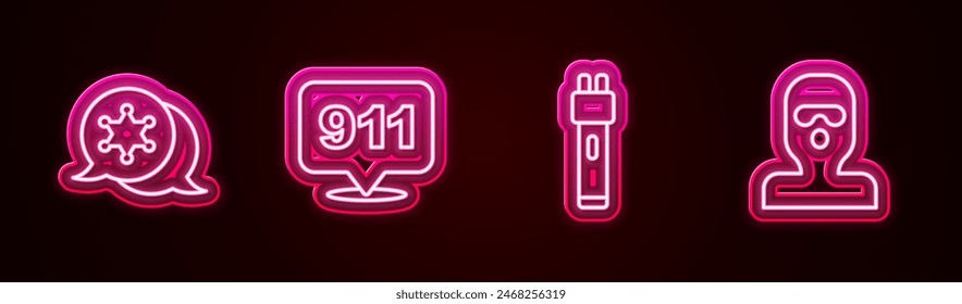 Set line Hexagram sheriff, Telephone call 911, Police electric shocker and Thief mask. Glowing neon icon. Vector