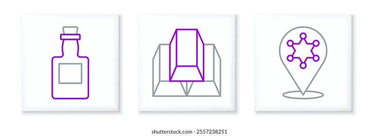 Set line Hexagram sheriff, Tequila bottle and Gold bars icon. Vector