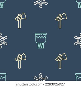 Set line Hexagram sheriff, Tomahawk axe and Drum on seamless pattern. Vector
