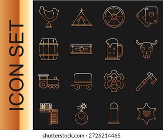 Set Linie Hexagram Sheriff, Tomahawk Axt, Büffelschädel, Altes Holzrad, Stapel Papiergeld, Holzfass, Wild West Sattel und Bierbecher Symbol. Vektorgrafik