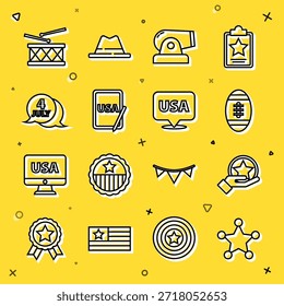 Set line Hexagram sheriff, USA Independence day, American Football ball, Cannon, graphic tablet, Drum and drum sticks and  icon. Vector