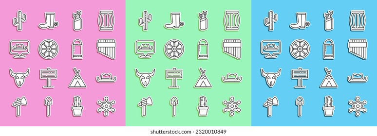 Línea Hexagram sheriff, sombrero de vaquero occidental, flauta Pan, Quiver con flechas, rueda de madera antigua, ubicación, icono Cactus y Bullet. Vector