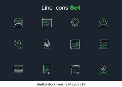 Set line Hierarchy with dollar, Calendar, News, Stacks paper money cash, Pie chart infographic, Video chat conference, Office chair and Time is icon. Vector