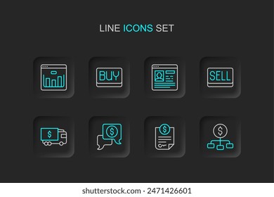 Set line Hierarchy with dollar, Contract money, Business negotiations, Armored truck, Sell button, Resume, Buy and Browser stocks market icon. Vector