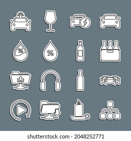 Set line Hierarchy organogram chart, Cars, Bottles of wine in box, Electric car, Water drop percentage, Police and flasher and  icon. Vector