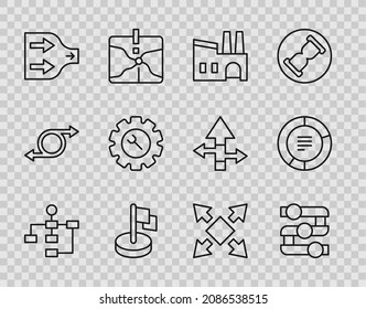 Set line Hierarchy organogram chart, Graph, chart, diagram, Factory, Flag, Arrow, Wrench and gear, Many ways directional arrow and Pie infographic icon. Vector
