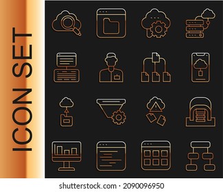 Set line Hierarchy organogram chart, Hangar with servers, Cloud technology data transfer, Analyst engineer, Server, Data, Web Hosting, Search cloud computing and Folder tree icon. Vector