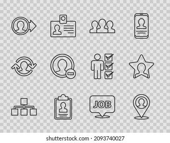 Set line Hierarchy organogram chart, Location with person, Users group, Clipboard resume, Create account screen, Speech bubble job and Head hunting icon. Vector