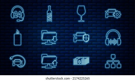 Fijar línea Organograma Jerarquía, Olas de audífonos y sonido, Vidrio, Descarga de carpetas FTP, Candela de quemado, para soporte, Seguro de protección de coches y Icono de botella de vino. Vector