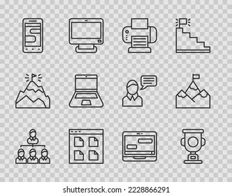 Set line Hierarchy organogram chart, Award cup, Printer, Browser files, Chat messages on phone, Laptop, laptop and Mountains with flag icon. Vector