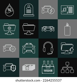 Set line Hierarchy organogram chart, FTP folder upload, Burning candle, Electric car, settings, Water drop percentage and Cars icon. Vector