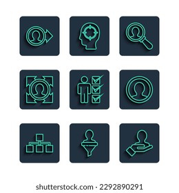 Set line Hierarchy organogram chart, Head hunting, Hand for search people, Magnifying glass, User of man business suit, Create account screen and  icon. Vector