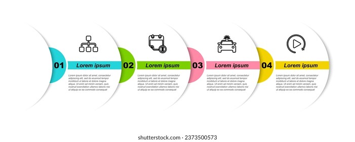 Establece el organigrama de la jerarquía de línea, calendario y reloj, paro de coches de policía y botón de reproducción de vídeo. Plantilla de infografía empresarial. Vector